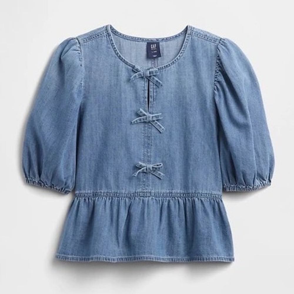 Gap Kids Girls Blue Denim Bow Front Peplum Puff Sleeve Top XXL 14-16